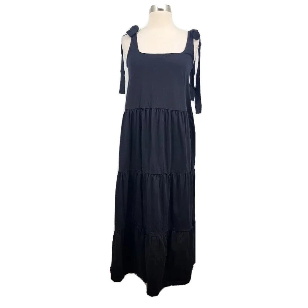 ASOS Design Tiered Square Neck Tie Shoulder Maxi Dress Black Size 0‎